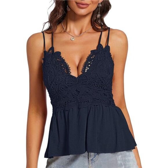 Tops - Navy Blue Embroidered Lace Cut Out V-Neck Peplum Ruffle Cami Tank Top Blouse